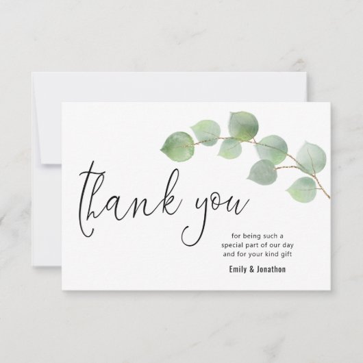 Minimalistische Eucalyptus Leaf Script Foto Bedankkaart (Voorkant)