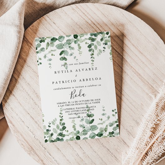 Minimalistische eucalyptus Spaanse bruiloft uitnod Kaart