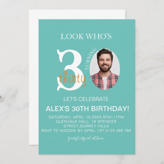 Minimalistische evite Verjaardag 30e, Mannen Digit Kaart (Voorkant / Achterkant)