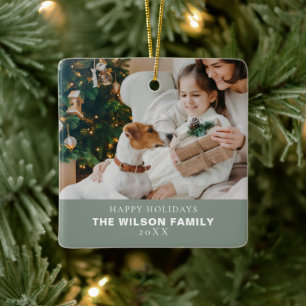 Minimalistische familiefoto met huisdieren Kerstmi Keramisch Ornament
