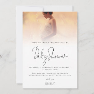 Minimalistische foto-overlay baby shower bedankje kaart