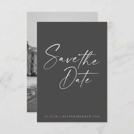 Minimalistische foto-overlay zwart-wit script  save the date (Voorkant / Achterkant)