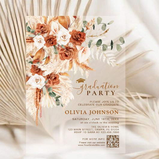 Minimalistische Foto QR Code Bloemen Afstuderen Acryl Uitnodigingen