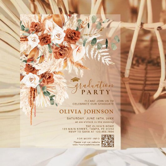 Minimalistische Foto QR Code Bloemen Afstuderen Acryl Uitnodigingen