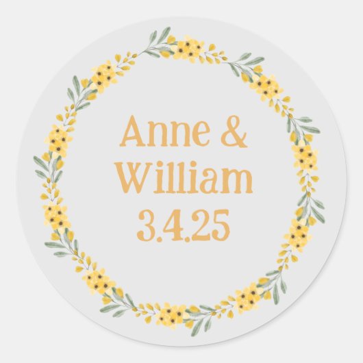 Minimalistische gele en grijze bloemenkrans ronde sticker (Voorkant)