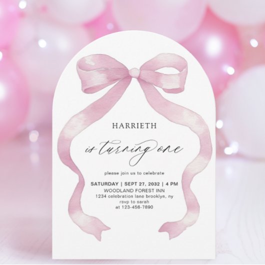 Minimalistische Girly Pink Coquette Bow 1e verjaar Kaart