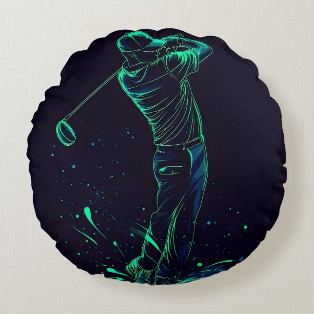 Minimalistische Golfer Green Glow Silhouette Rond Kussen (Voorkant)
