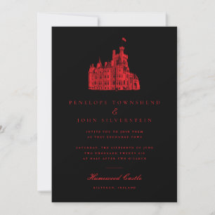 Minimalistische Gotische Kasteel Zwart Rood Huweli Kaart