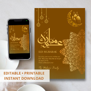 Minimalistische Gouden Bloemige Mandala Eid Mubara Feestdagenkaart