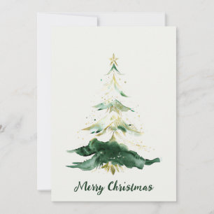Minimalistische gouden en groene Waterverf kerstbo Feestdagenkaart