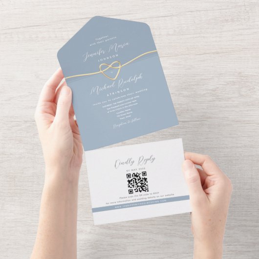 Minimalistische gouden en stoffige blauwe bruiloft all in one uitnodiging (Afscheurbaar)