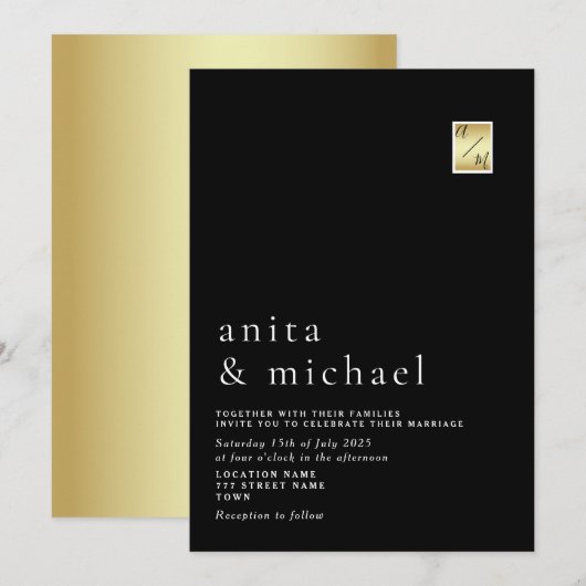 Minimalistische gouden en zwarte bruiloft kaart (Voorkant / Achterkant)