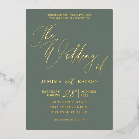 Minimalistische gouden kalligrafie script groen folie uitnodiging (Voorkant)