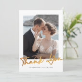 Minimalistische gouden script foto bruiloft dank u bedankkaart (Staand voorkant)