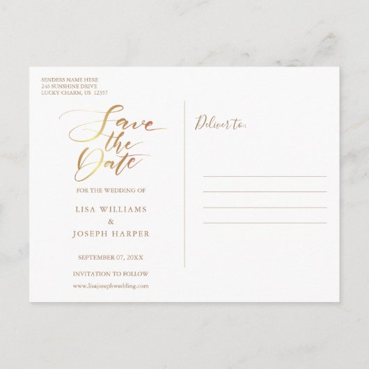 Minimalistische gouden script save-the-date aankondigingskaart (Achterkant)