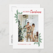Minimalistische Greenery Pine Foto Red Merry Kerst Briefkaart (Voorkant / Achterkant)