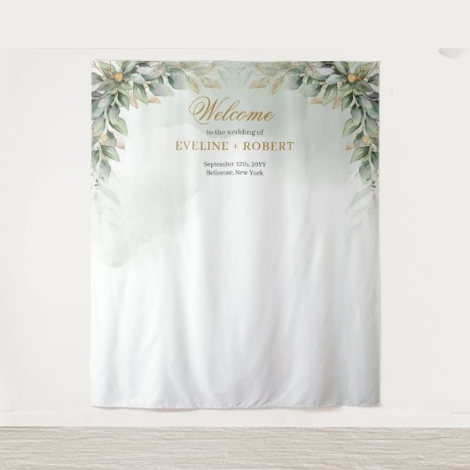 Minimalistische groen en goud bruiloft achtergrond wandkleed (Voorkant)