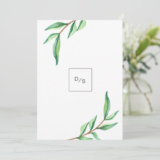 Minimalistische groene bladeren op witte bruiloft kaart (Staand voorkant)