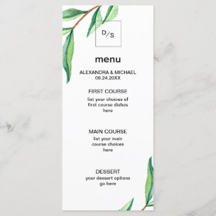 Minimalistische groene bladeren op witte bruiloft menu