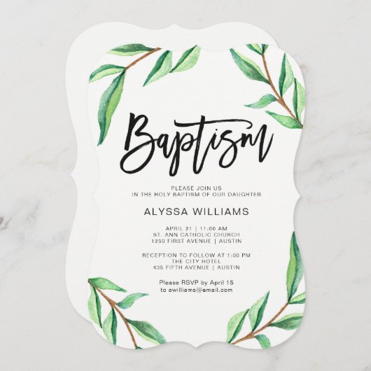 Minimalistische groene bladeren op witte doop kaart (Voorkant / Achterkant)