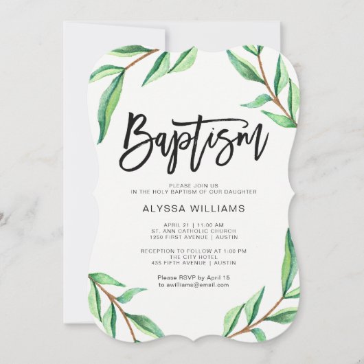 Minimalistische groene bladeren op witte doop kaart (Voorkant)