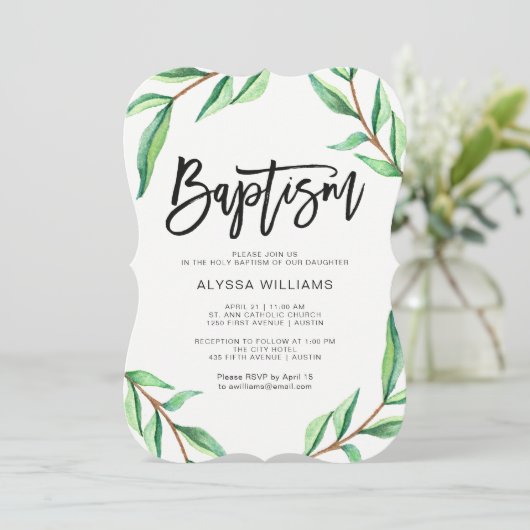 Minimalistische groene bladeren op witte doop kaart (Staand voorkant)