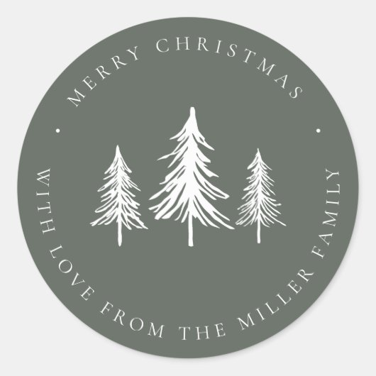 Minimalistische groene en witte kerstdennenboom ronde sticker (Voorkant)