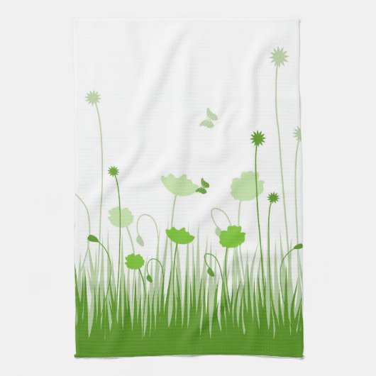 Minimalistische groene en witte klaprozen Meadow F Theedoek (Verticaal)