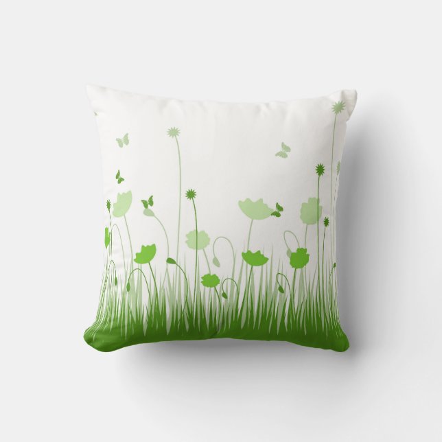 Minimalistische groene en witte klaprozen weide bl kussen (Voorkant)