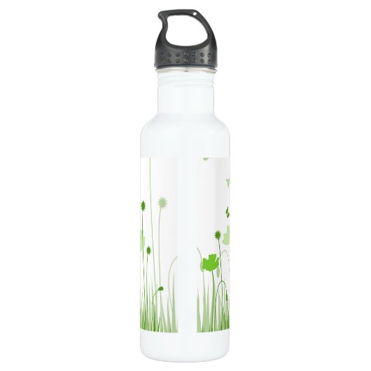 Minimalistische groene en witte klaprozen weide bl waterfles (Achterkant)