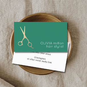 Minimalistische Groene Faux Gouden Schaar Haarstyl Visitekaartje