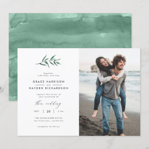 Minimalistische Groene Waterverf Tak Wedding Foto Kaart