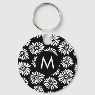 Minimalistische Groovy Zwarte en Witte Madeliefjes Sleutelhanger