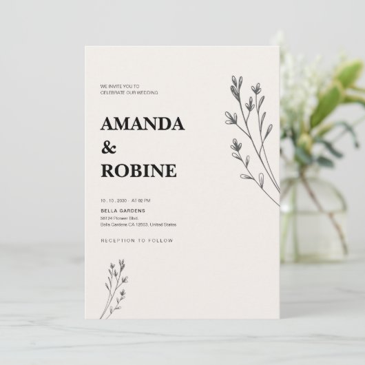 Minimalistische handgetekende bloemenbruiloft uitn kaart (Staand voorkant)