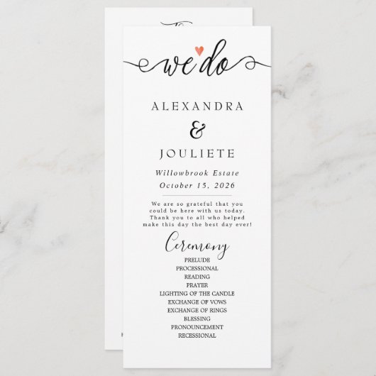 Minimalistische handschrift eenvoudige moderne bru programma (Voorkant / Achterkant)