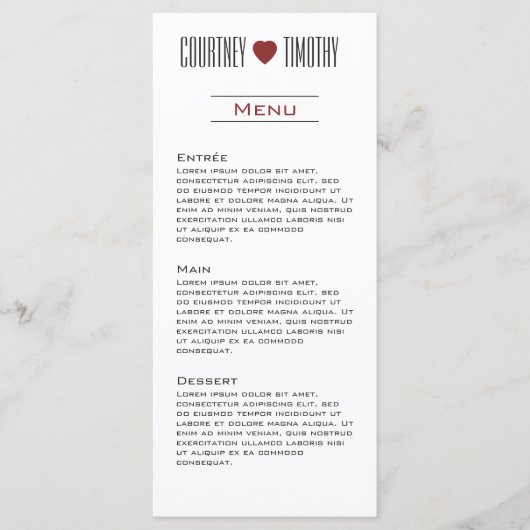 Minimalistische hart bruiloft menu (Voorkant)