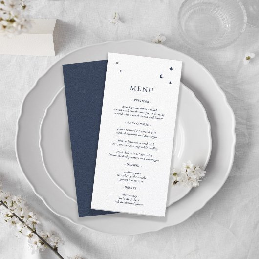 Minimalistische hemelsterren en maan wit en marine menu