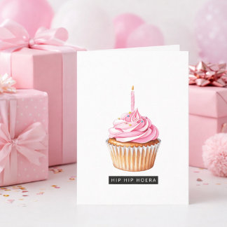 Minimalistische Hip Hip Hoera Roze Cupcake Jarig Kaart