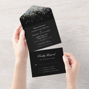 Minimalistische holografische glitter zwarte eenvo all in one uitnodiging
