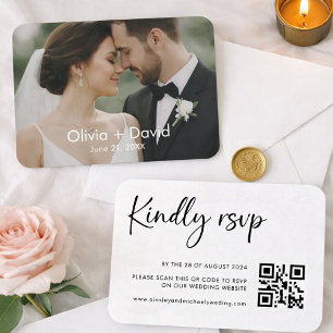 Minimalistische Huwelijksfoto en Script RSVP-ontwe Visitekaartje