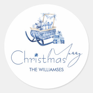 Minimalistische Hygge Blue Christmas Santa Sleigh Ronde Sticker