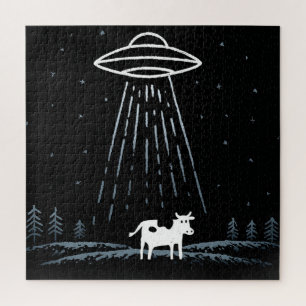 Minimalistische illustratie van een UFO die een ko Legpuzzel