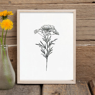 Minimalistische inkt bloem tekening in zwart poster