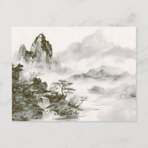 Minimalistische inkt nevelige Zen berglandschap Aankondigingskaart