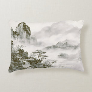 Minimalistische inkt nevelige Zen berglandschap Accent Kussen
