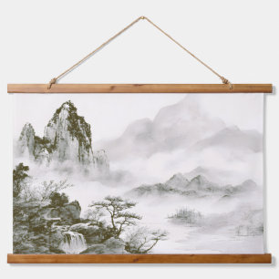 Minimalistische inkt nevelige Zen berglandschap Hangend Wandkleed