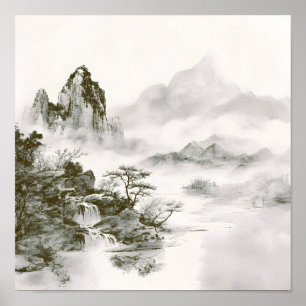 Minimalistische inkt nevelige Zen berglandschap Poster