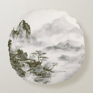 Minimalistische inkt nevelige Zen berglandschap Rond Kussen