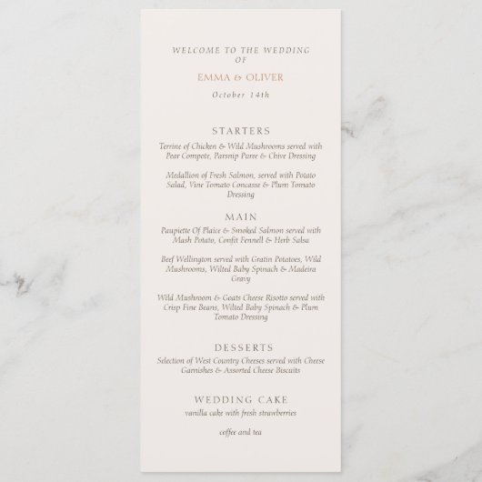 Minimalistische Ivoor Koper Script Trouw Menu (Achterkant)