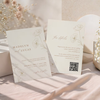 Minimalistische ivoor taupe bloemencode QR-huwelij Kaart